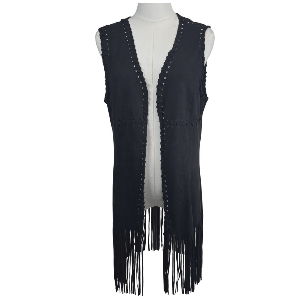 Western Fringe Vest Faux Suede Kimono Black Open Front Whipstitch Boho Women M/L